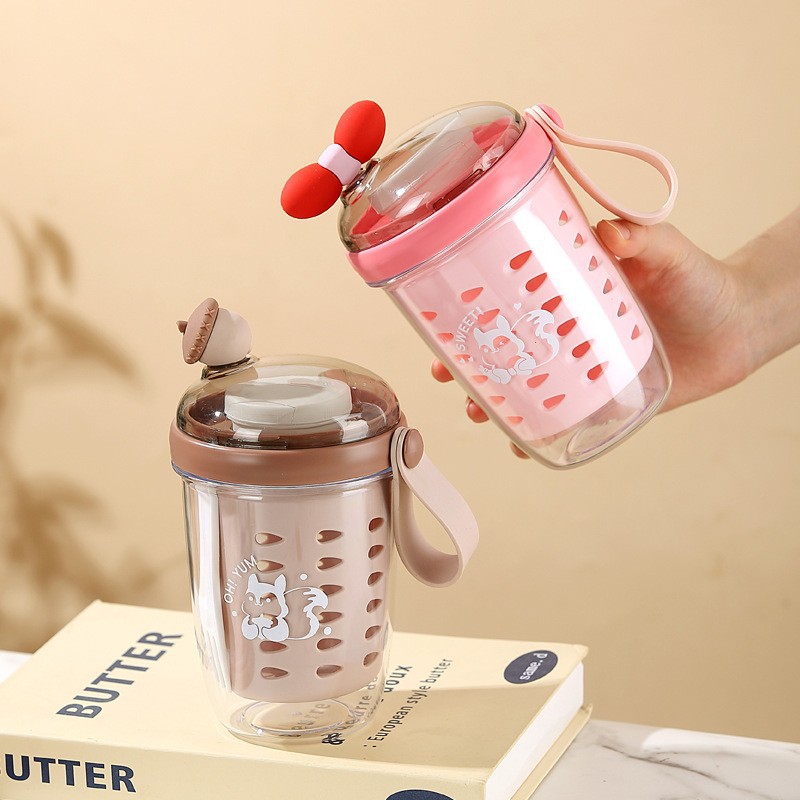 高颜值野餐卡通双层沥水蔬菜沙拉杯提手随手杯露营便携户外水果杯
