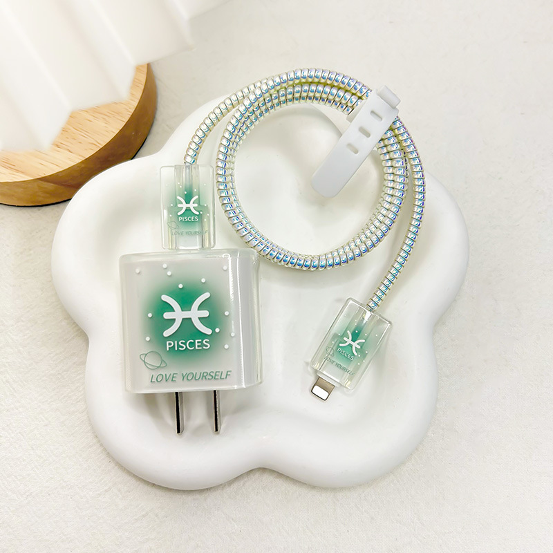 Funda protectora para cargador Apple de 20W, cubierta para cabezal de cargador de carga rápida de 18W, clip para cable, protector de cable, creativo con los doce signos del zodiaco.