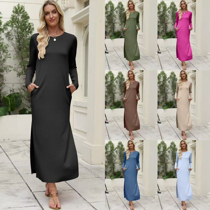 2026 Spring and Autumn New European and American Amazon Long Sleeve Solid Color Slit Long Straight Dress with Double Pockets for Women