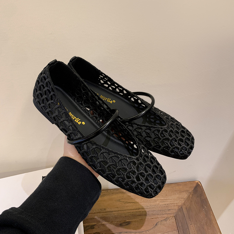 Nuevo estilo para vacaciones en París~ Zapatos de mujer con punta cuadrada, estilo francés, con tiras tejidas, versátiles, de suela suave y boca poco profunda.