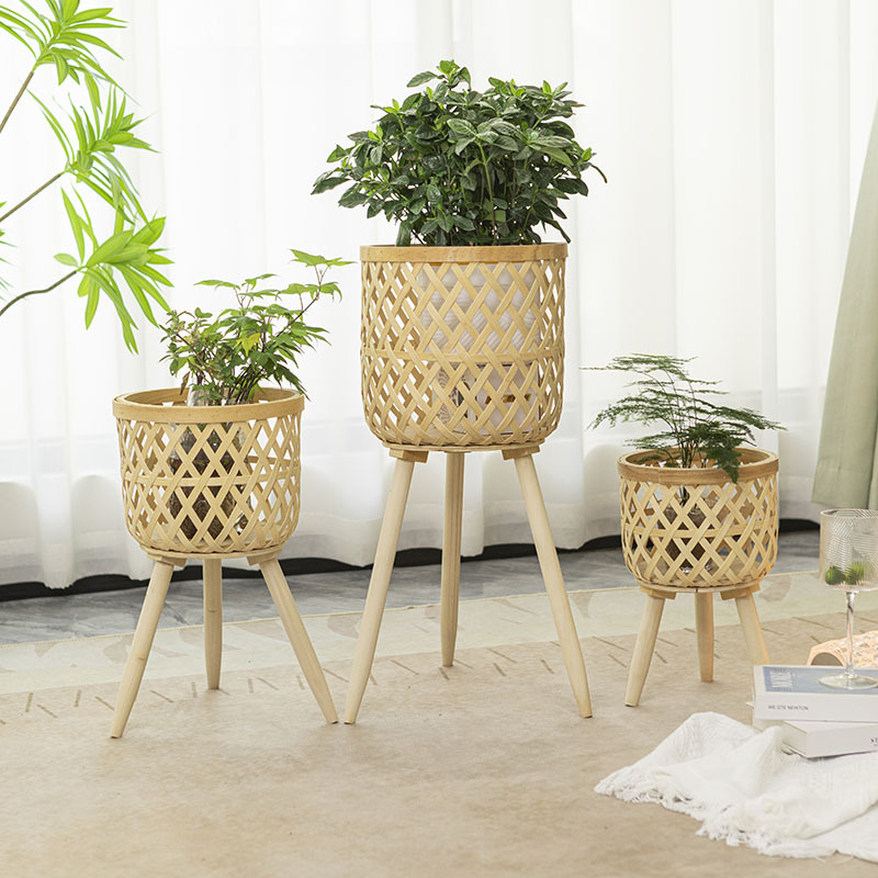 Estilo nórdico transfronterizo personalizado sala de estar cesta de flores tejida de bambú decoración de maceta de ratán de bambú balcón soporte de flores de planta cesta tejida