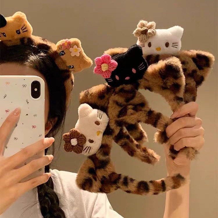 可爱猫咪豹纹毛绒发箍女洗脸化妆兔毛猫咪头箍可爱卡通发饰头饰女