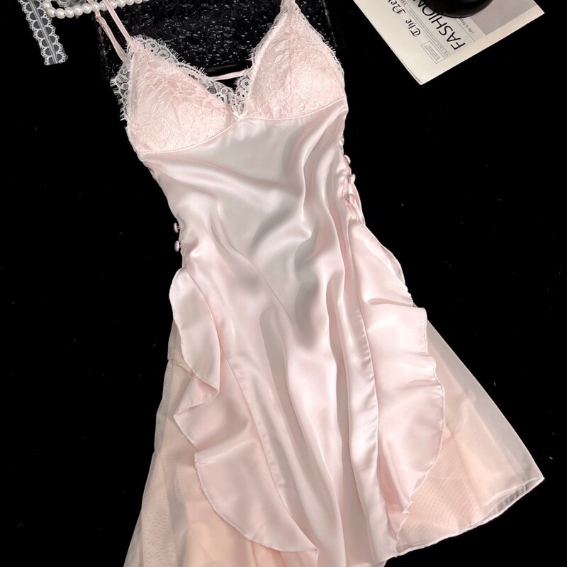 French-Style Sexy Small-Breasted Slimming Nightgown with Chest Pads for Women, New Autumn Model, Ice Silk Splicing Mesh Pure Desire Camisole Nightdress