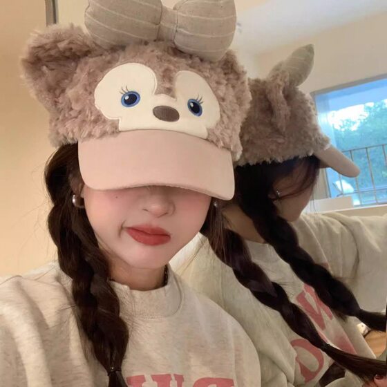 Flat Duffy Duffy Plush Baseball Cap Girls Autumn and Winter Cute Face Small Warm Bear Ear Hat