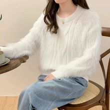 新款毛毛韩版秋冬季时尚网红慵懒风软糯拼接长毛圆领女毛衣