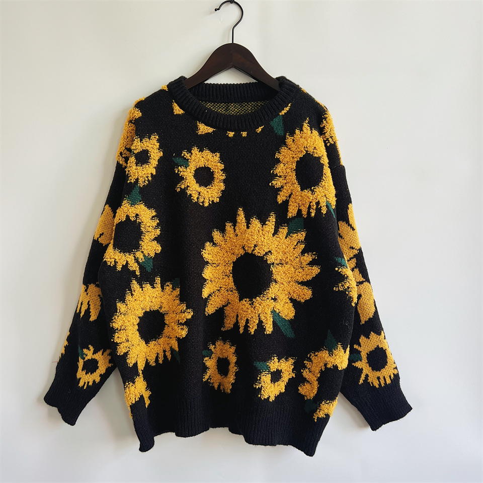 Women's Sunflower Jacquard Knitted Pullover Sweater For Winter_voghion.com