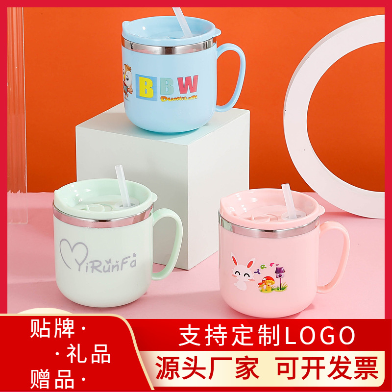 新款儿童l吸管杯两用创意卡通304不锈钢水杯宝宝防烫学饮杯带手柄|ms