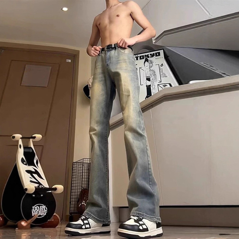 American High Street Retro Blue High-Waisted Jeans Men's Autum Vibe Pants Tall Slim Straight-Leg Pants