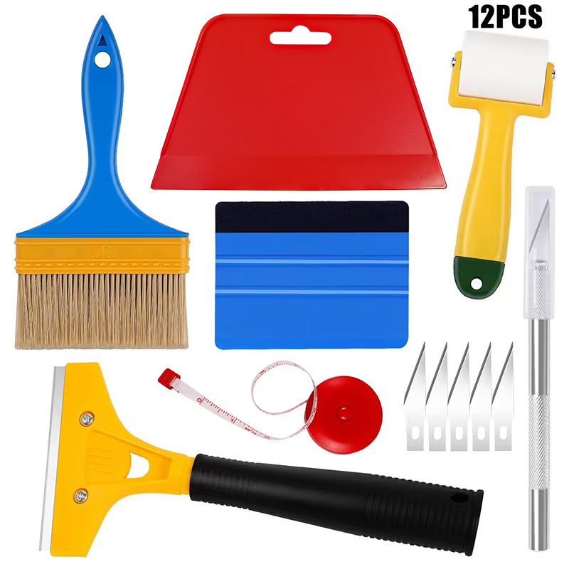 跨境12件套汽车刮板壁纸平滑工具套件带刮刀滚轮雕刻刀卷尺油灰刀