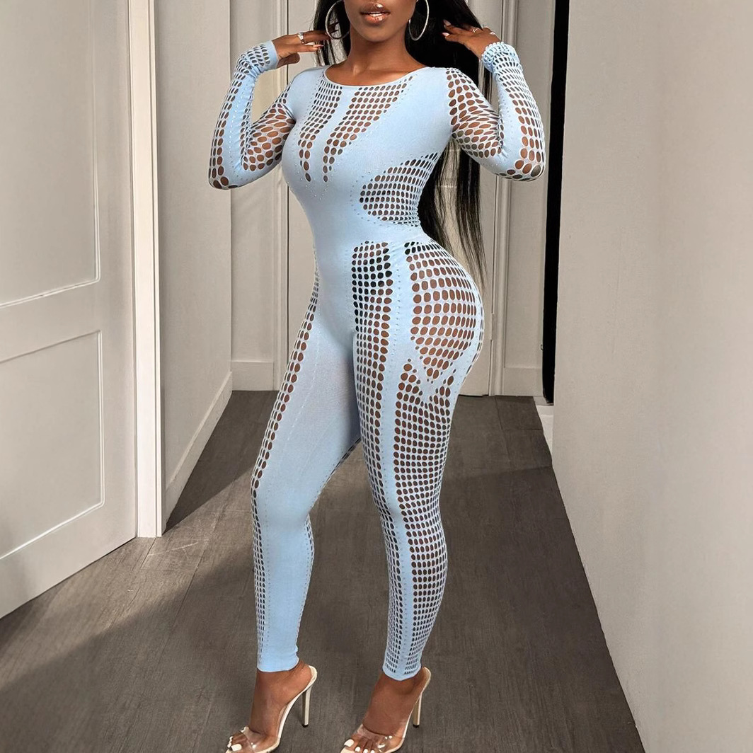 European and American Cross-Border 2025 Spring Festival New Women's Long-Sleeved Cut Out High-Waist Slim Sexy Fashion Knitted Jumpsuit for Women