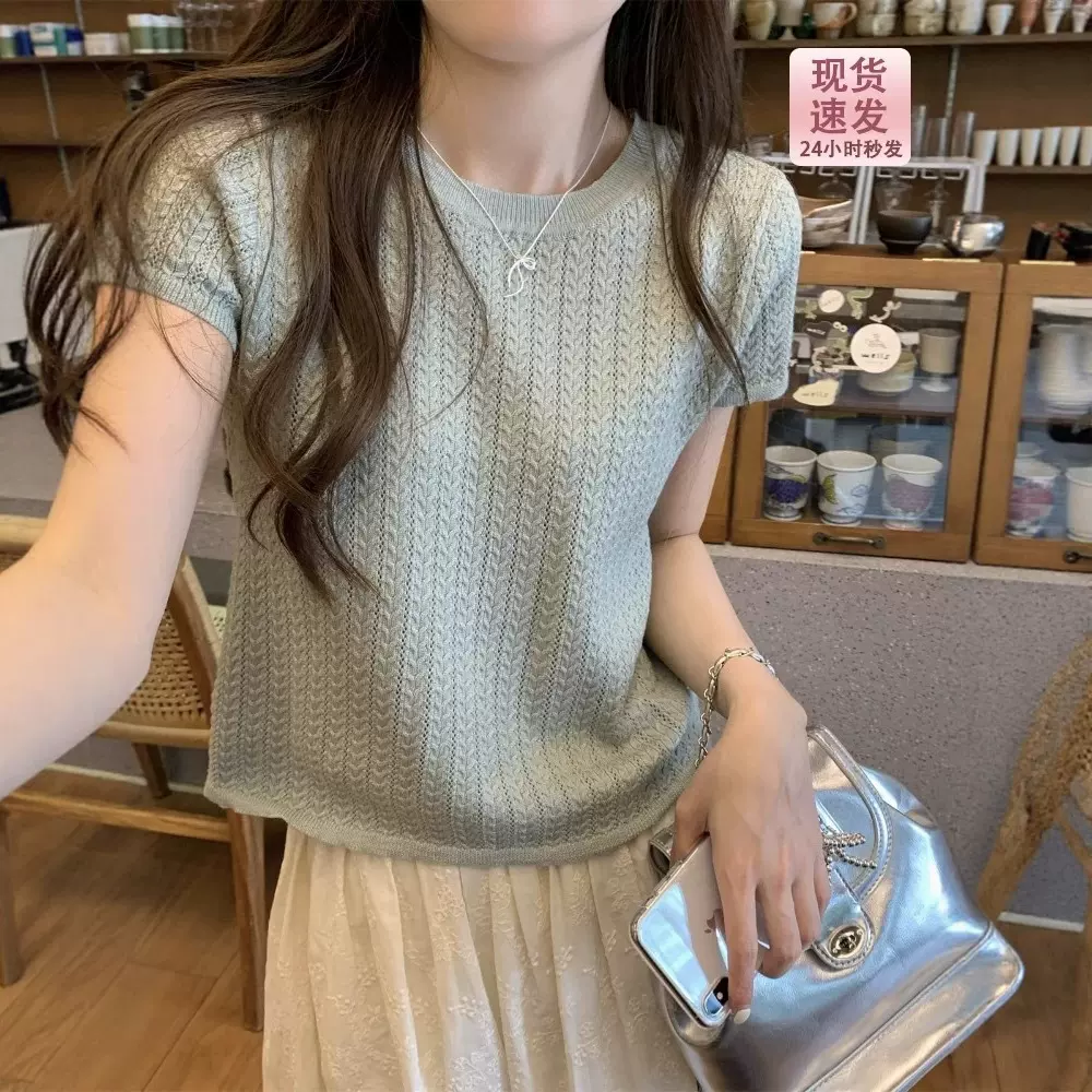 正肩镂空韩版针织衫短袖女2025春夏设计感短款打底衫圆领上衣薄款