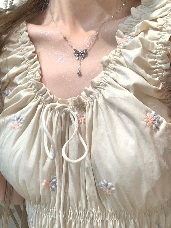 フレンチティーブレイク刺繍花柄ドレス妖精ウエスト気質優しいスタイルハイエンドニッチロングスカート夏|undefined