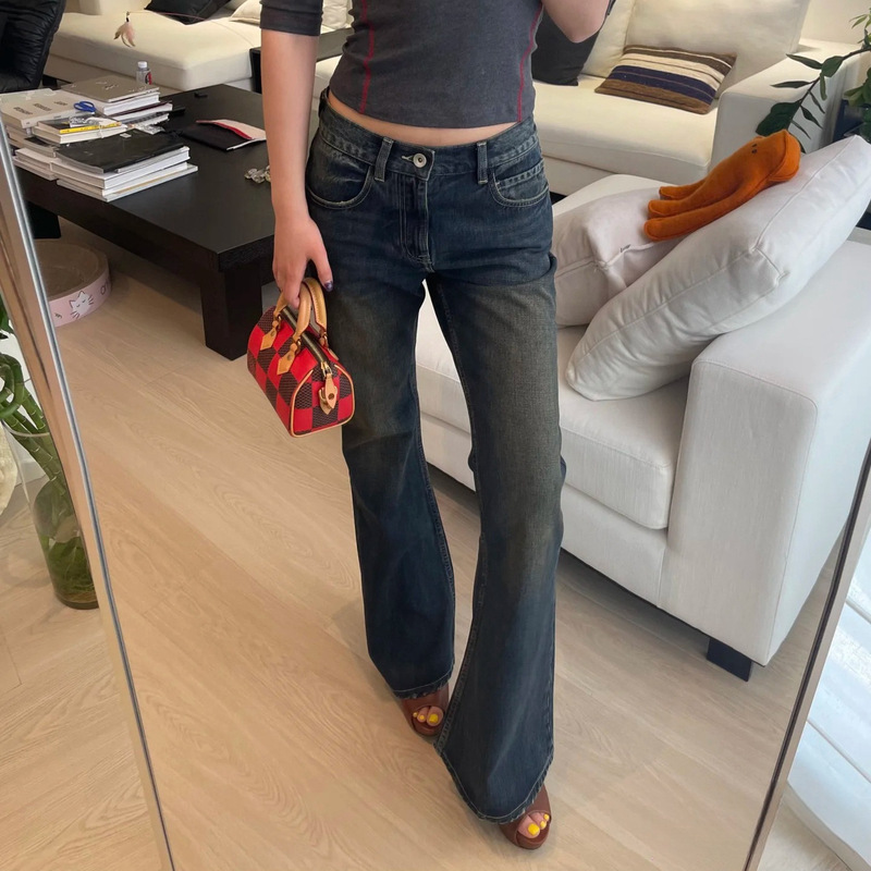 New Slim-Fit Slimming Old Washed Soil Color Mid-Waist Front Long Rear Short Horn Denim Trousers for Women 5012