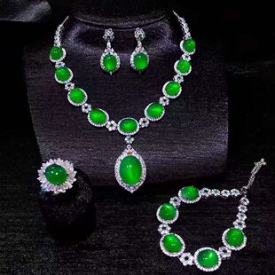 Chalcedony Set Wholesale Ice Chalcedony Pendant Necklace Earrings Ring Bracelet Luxury Inlaid Green Chalcedony Four-piece Set