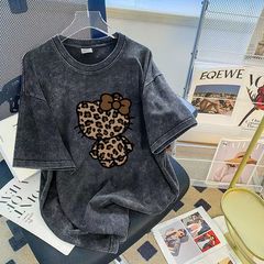 クロスボーダーヨーロッパとアメリカの半袖レディースTシャツヒョウ柄猫絵ヨーロッパとアメリカのトレンディなブランド半袖Tシャツレディース大きいサイズルーズウォッシュブラック