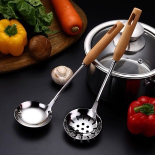Platinum Stainless Steel Colander Household Kitchen Supplies Hot Pot Soup Spoon Creative Japanese Wooden Handle Soup Shell Stainless Steel Spoon