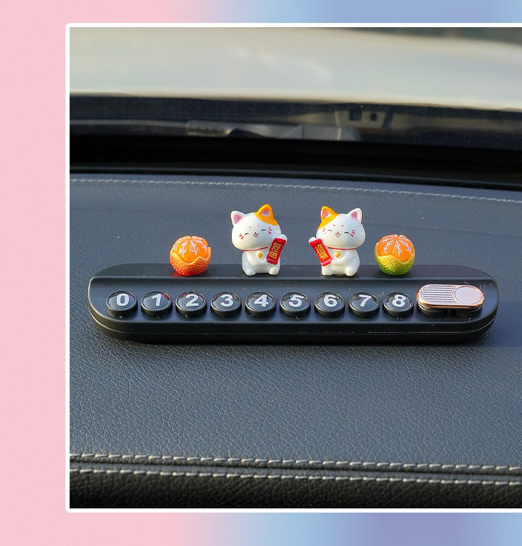 Lucky Cat Car Temporary Parking Sign for Girls, Mobile Phone Number Plate for Car, Decorative Ornament