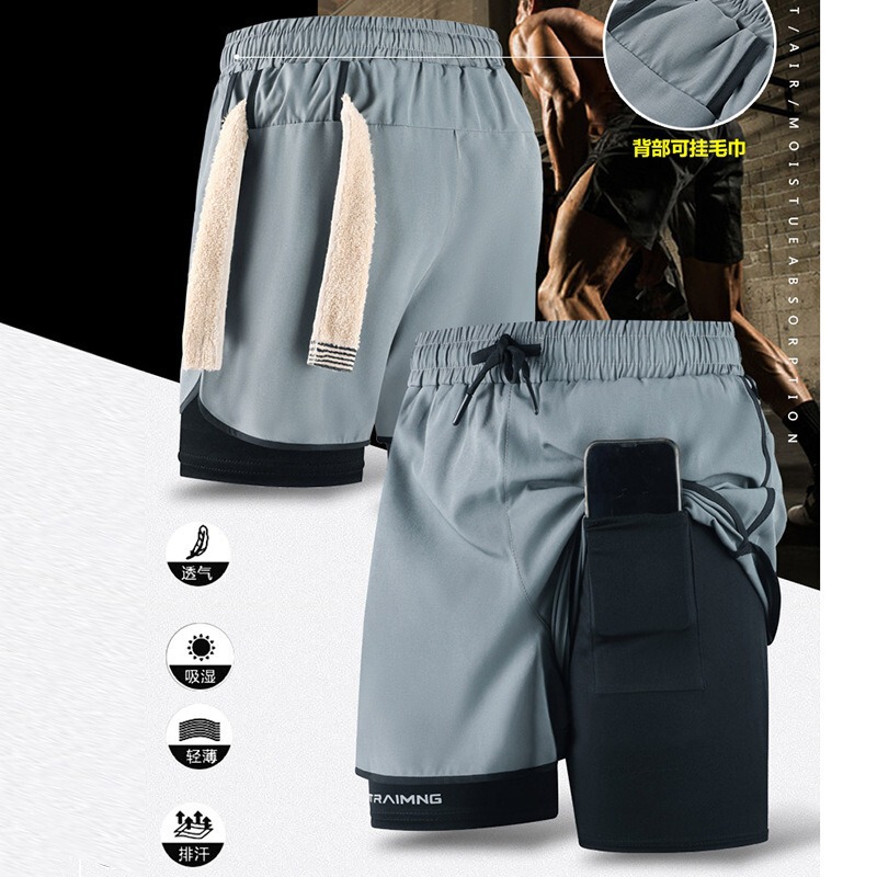 European Size Cross-Border Double-Layer Faux Two-Piece Sports Shorts for Men, Running Shorts, Quick-Dry Couple's Shorts, Fitness Export