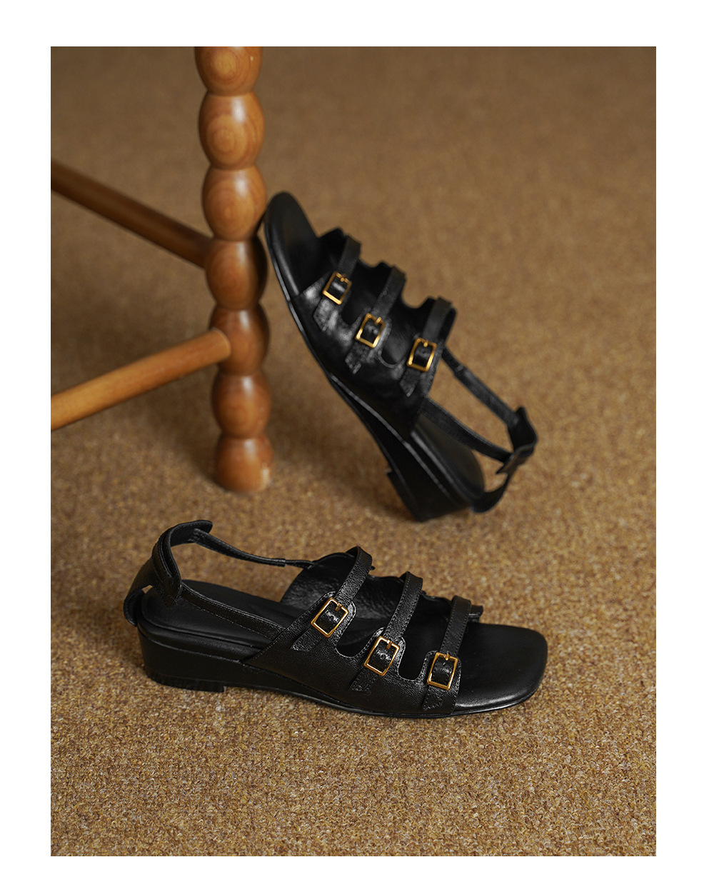 Sandal nữ hở mũi đầu vuông cổ điển quai ngang khóa cài gót thấp — màu be chi tiết 15
