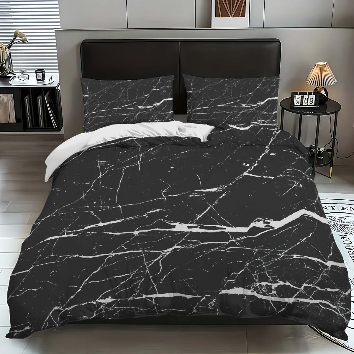 TEMU / JIT negro y blanco textura de mármol molienda impresión digital kit de colcha de tela para el hogar se puede diseñar