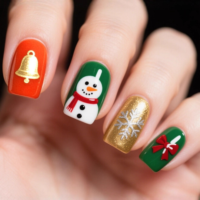 New Foreign Trade Nail Art Pieces with European and American Style Christmas Snowman Elements Design, Mid-Length Square-Shaped Wearable Nail Pieces