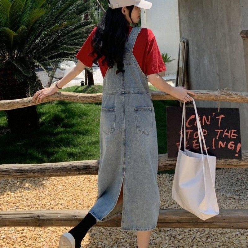 清仓处理孕妇牛仔裙后开叉牛仔背带裙女夏季宽松显瘦中长款连衣裙