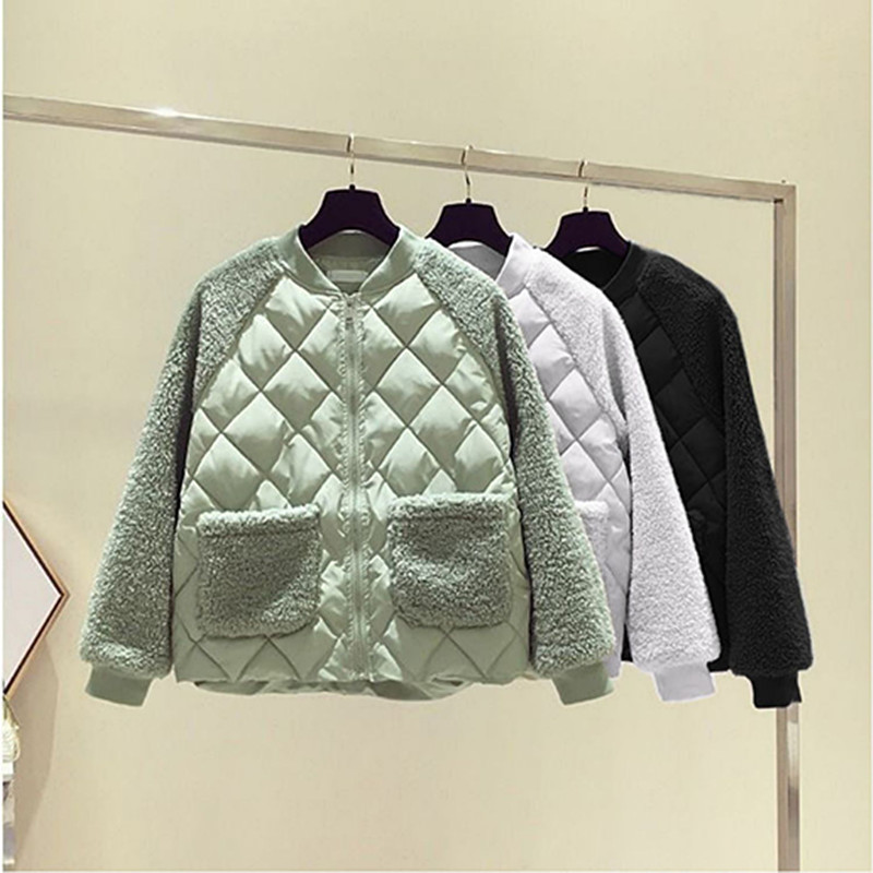 Lightweight cotton-padded jacket women's new large size short winter jacket cotton-padded coat net-famous imitation wool lamb Stitching small cotton-padded jacket coat