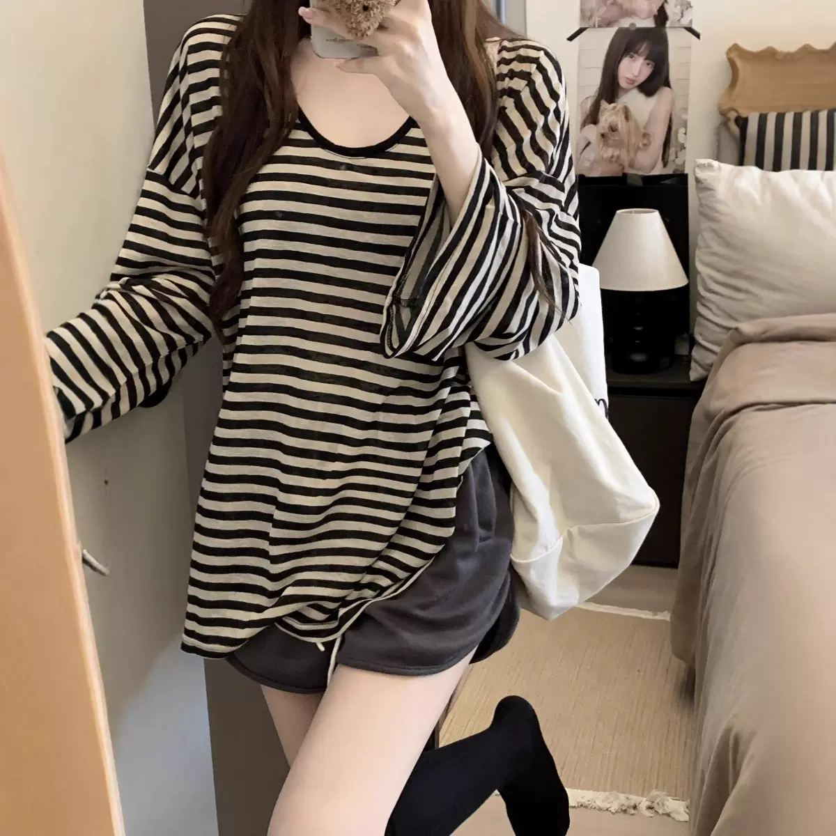 慵懒风条纹U领防晒长袖T恤女夏季薄款oversize宽松显瘦罩衫上衣