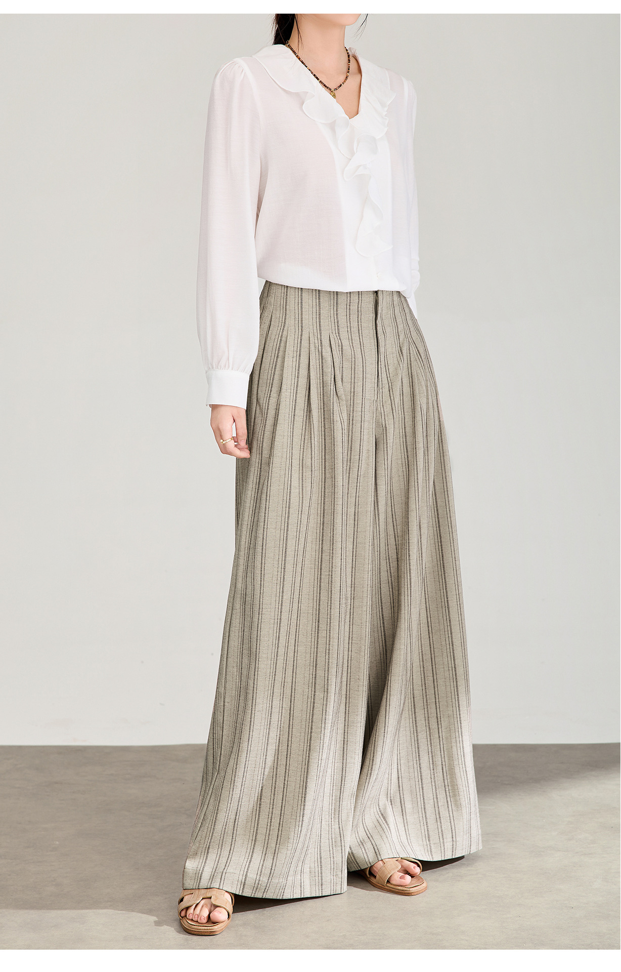 Quần culottes nữ ống rộng sọc kẻ dọc chất liệu tencel cao cấp phong cách công sở — màu kaki chi tiết 12
