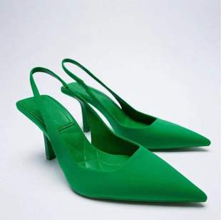 Za2025 Spring New Style Pointed Toe Stiletto Mid-Heel Single Shoes with Open Back and Closed Toe, High-Heeled Sandals in Green, Large Size Women's Shoes