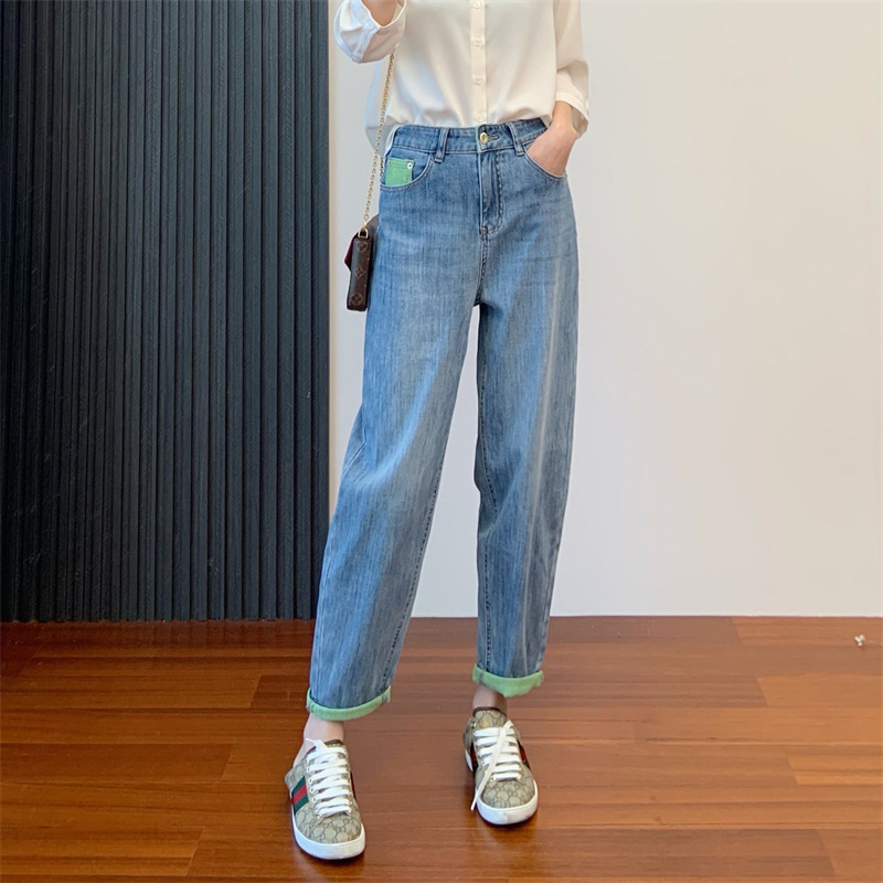 Hong Kong style small harem jeans women's autumn high waist loose radish pants plus size chubby girl slimming cropped pants fashion