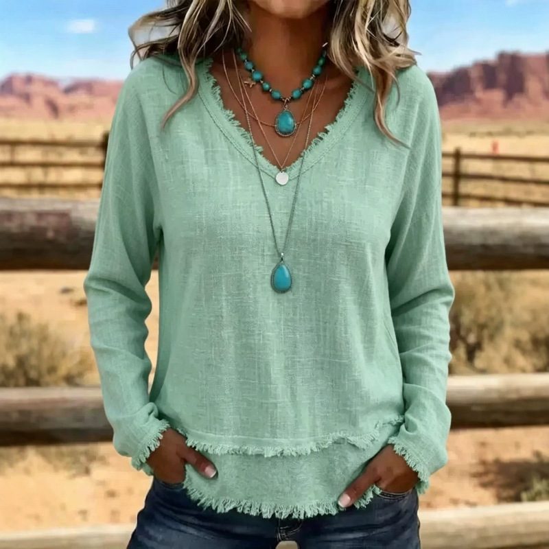 2026 Summer New European and American Style Loose V-Neck Fringed Long Sleeve T-Shirt for Women, Solid Color Casual Top, Cross-Border Women's Clothing 2026 Summer New European and American Style Loose V-Neck Fringed Long Sleeve T-Shirt for Women, Solid Color Casual Top, Cross-Border Women's Clothing