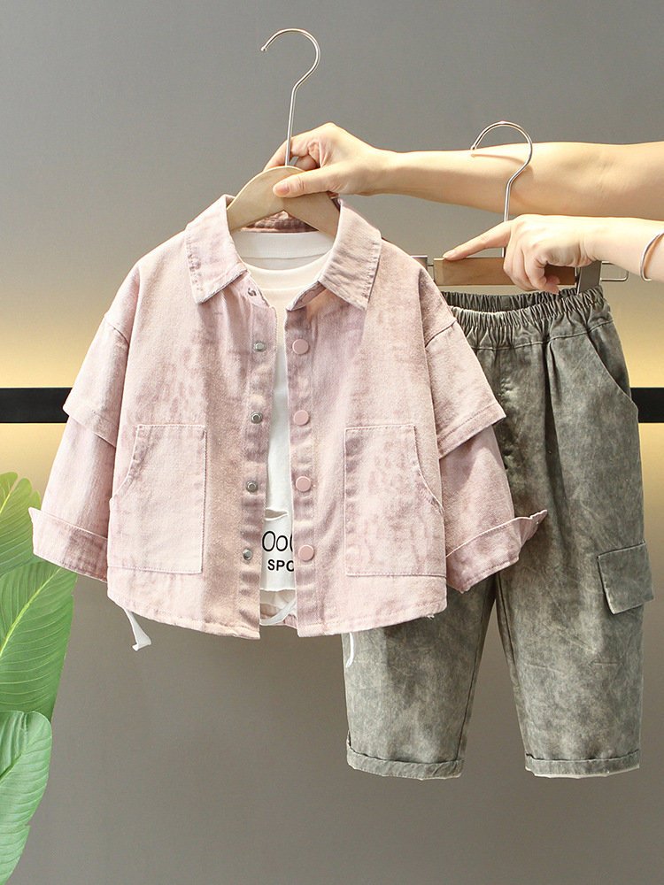 7060 traje de primavera y otoño para niños 2025 nuevo estilo teñido anudado para niños abrigo guapo traje de tres piezas versión coreana de moda para bebés