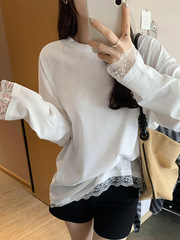 设计感小众蕾丝拼接长袖T恤女春秋内搭纯色打底衫宽松百搭上衣服
