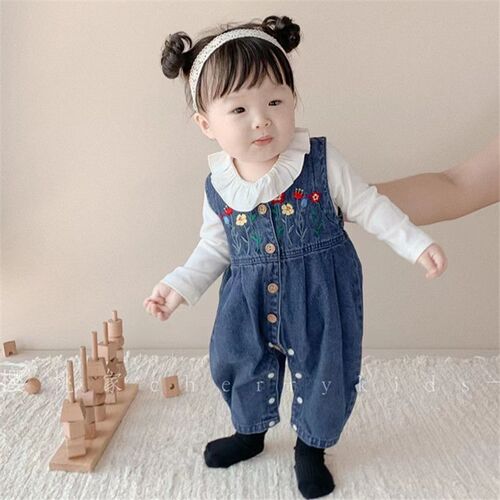 Baby Spring and Autumn Two-Piece Girl's Denim Set Cute and Stylish Outgoing Back Strap Pants One-piece Long Sleeve Hoddie