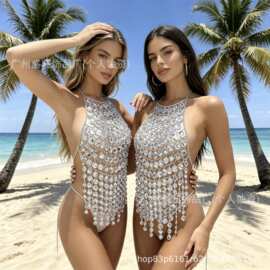 欧美跨境亚马逊新款手工宝石流苏拼接挂脖背心夜店辣妹演出服套装