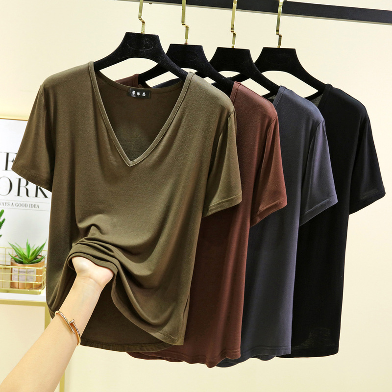 V-neck modal short-sleeved T-shirt women's summer plus size thin inner wear loose simple solid color outer wear short-sleeved top