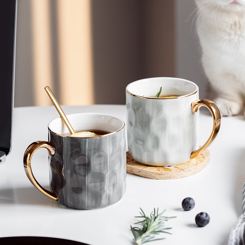 桑墨陶瓷咖啡杯北歐創意辦公室水杯帶把手手捏紋家用下午茶茶具