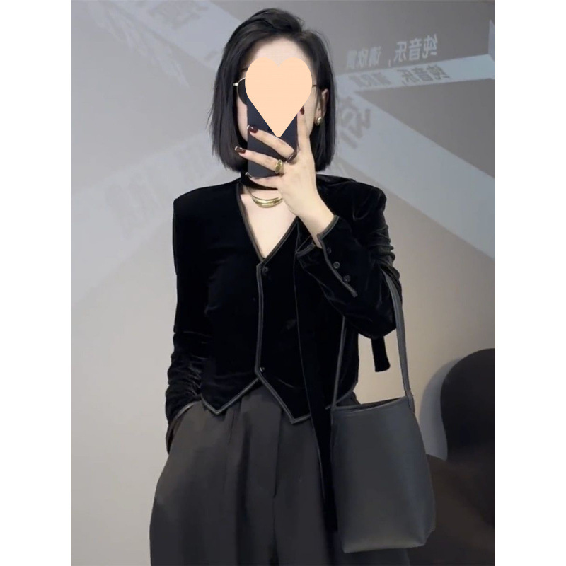欧洲站女装领飘带长袖小个子女感黑丝绒气质百搭短款上衣潮流|undefined