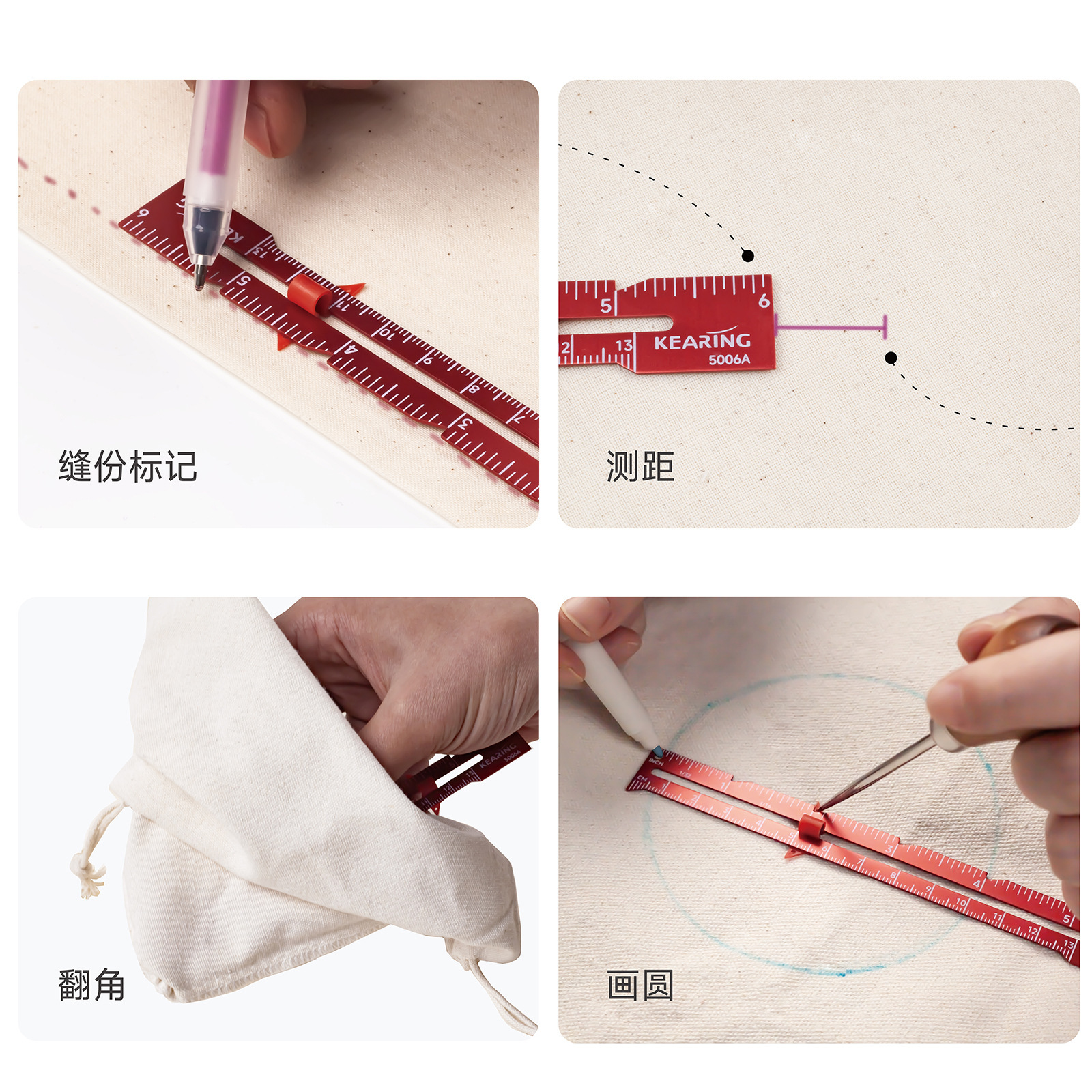 Regla de costura Keling, calibre de patchwork, medición manual, posicionamiento de botones, margen, línea paralela, calibre de costura de alambre de aluminio de aviación