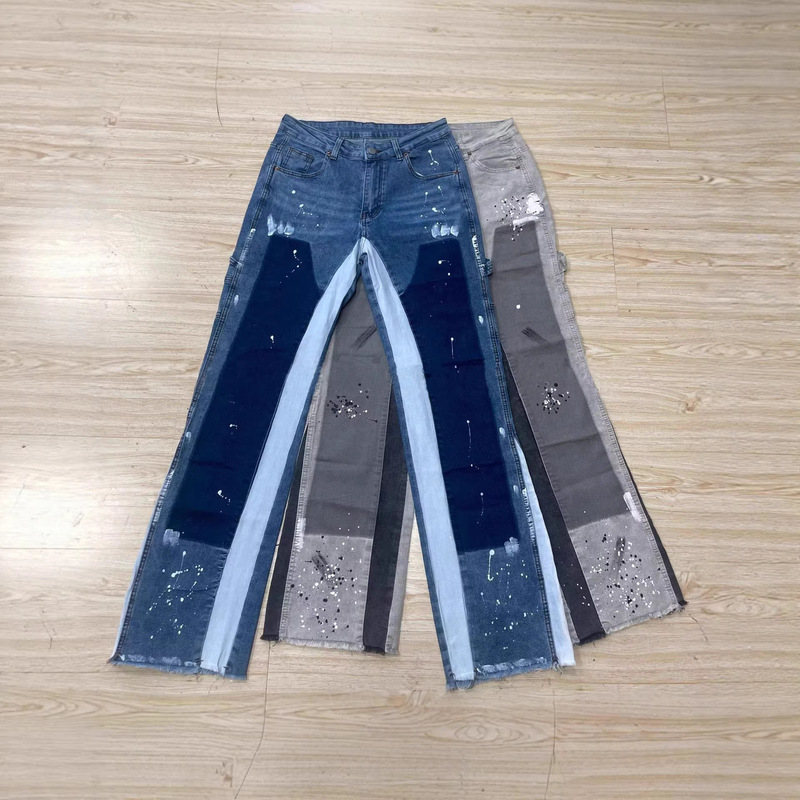 Men's Fashion Cross-Border Factory Direct Supply, Real Product Photography, Men's Denim Work Pants, Color-Blocked Stacked Flared Pants Men's Fashion Cross-Border Factory Direct Supply, Real Product Photography, Men's Denim Work Pants, Color-Blocked Stacked Flared Pants