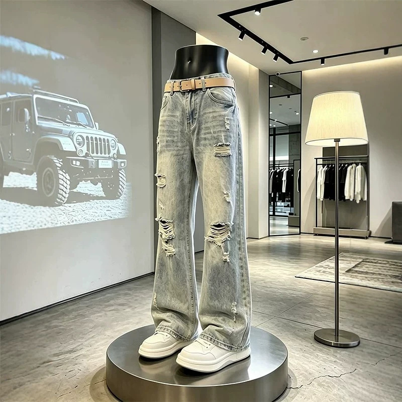 Ripped flared jeans for men, new spring/autumn style, American high street flared distressed jeans, straight casual long pants Ripped flared jeans for men, new spring/autumn style, American high street flared distressed jeans, straight casual long pants