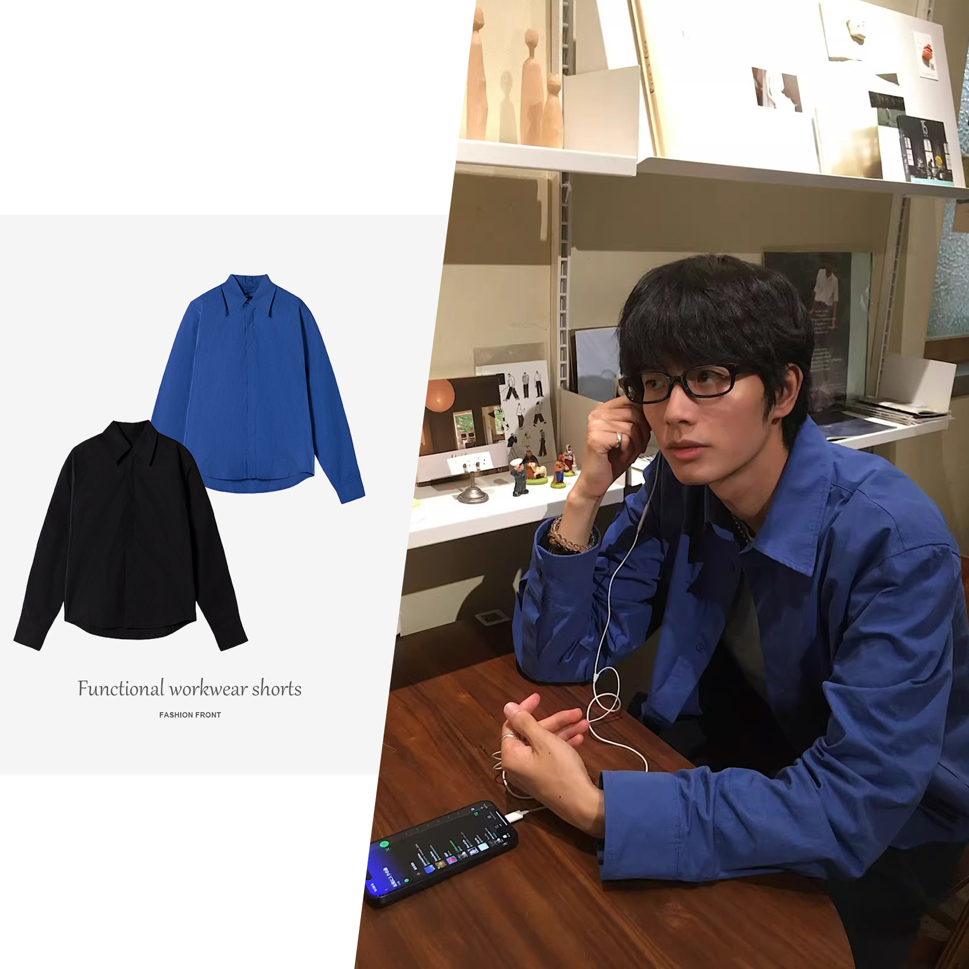 【JMWH】High-end, structured, wrinkle-resistant, sophisticated, loose-fitting, versatile blue long-sleeved shirt for men.
