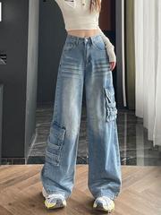 美式浅蓝大口袋设计感工装牛仔裤女2025秋季新款宽松垂感阔腿裤子