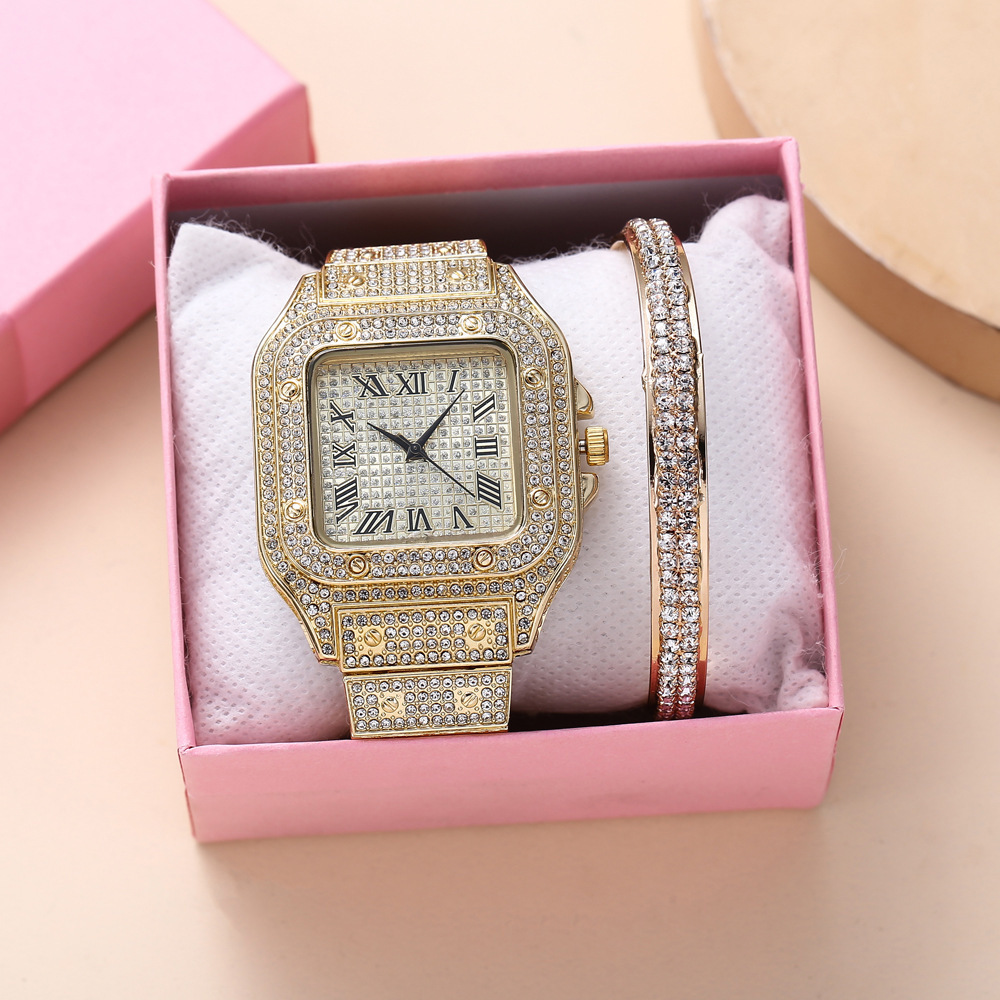 Casual trend personality square large dial full diamond steel belt quartz watch + bracelet (2pcs/set)_voghion.com