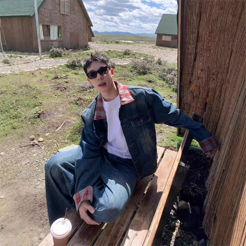 American Style Plaid Lapel Retro Blue Denim Jacket Pants suit Men's Loose Washed Used Jacket Duffy Handsome Trendy