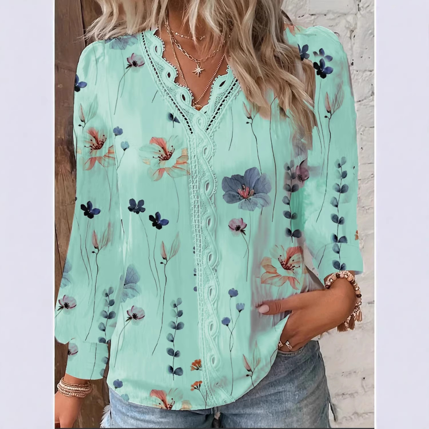 Camisa de Manga Larga con Encaje para Mujer de Poliéster Cuello en V para Otoño image 5