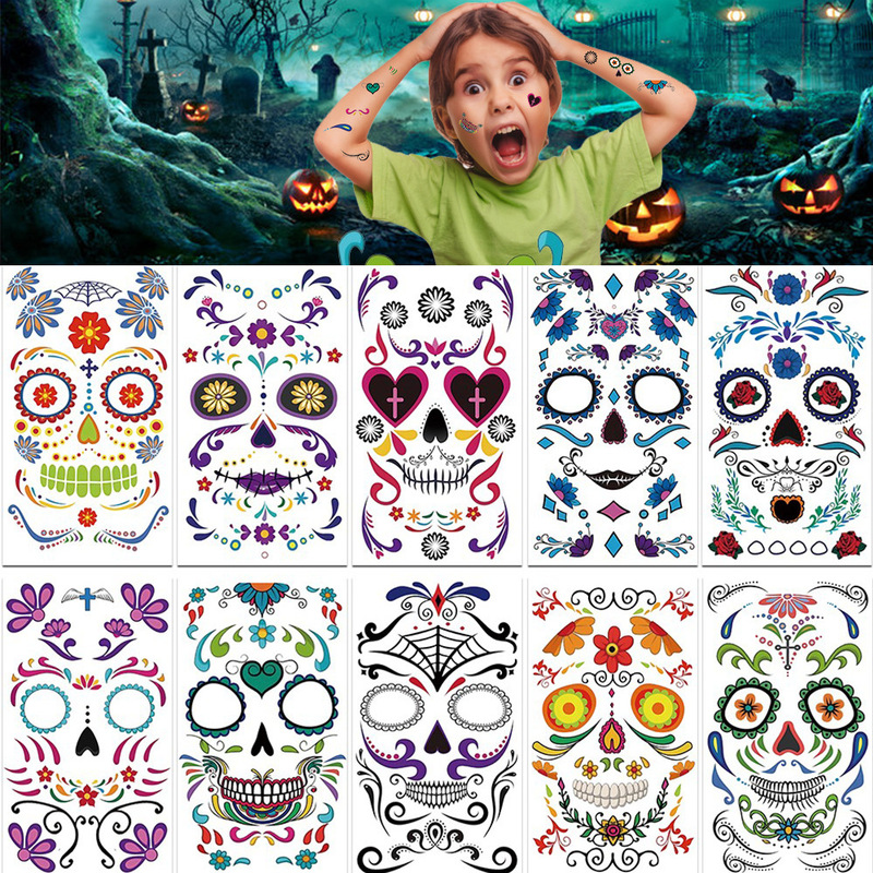 Cross Border Waterproof Sweat Dead Day Masquerade Funny Makeup Halloween Party Face Temporary Tattoo Sticker