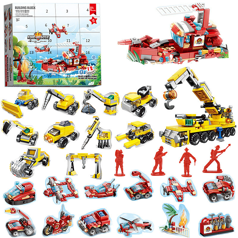 Bloques de construcción transfronterizos Calendario navideño Caja ciega Cuenta atrás 24 cuadrículas Coche de bricolaje para niños Bloques de construcción de dinosaurios Caja ciega rasgada a mano