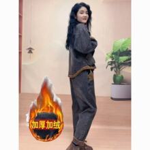 2025重工加绒厚复古水洗牛仔外套刺绣宽松百搭显瘦牛仔裤两件套装